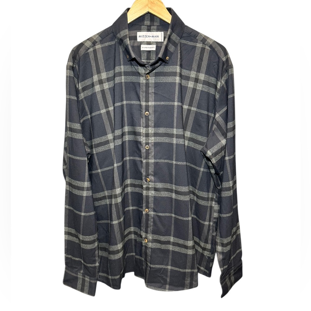 Mizzen Main Flannel Button Shirt Mens XXL Trim Fit Black Gray Plaid Soft Casual